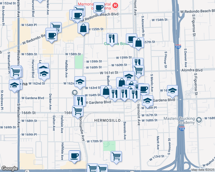 map of restaurants, bars, coffee shops, grocery stores, and more near 1203 West 163rd Street in Gardena