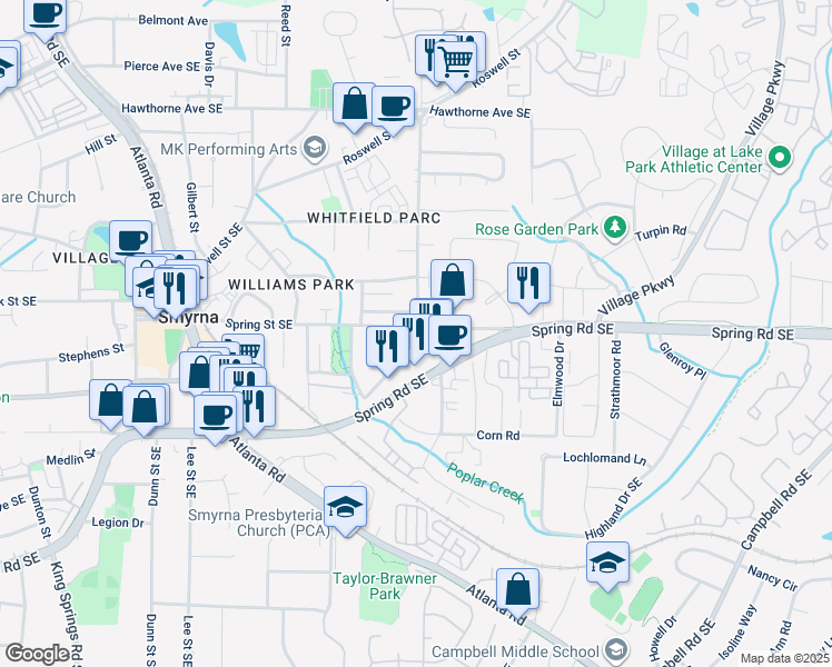 map of restaurants, bars, coffee shops, grocery stores, and more near 2853 Spring Villa Lane in Smyrna