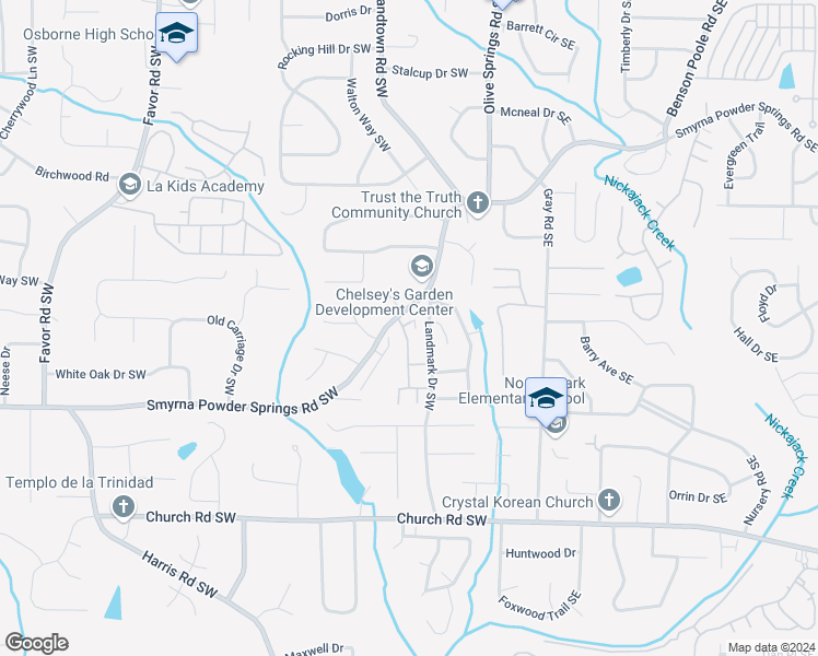 map of restaurants, bars, coffee shops, grocery stores, and more near 22 Amey Court Southwest in Marietta