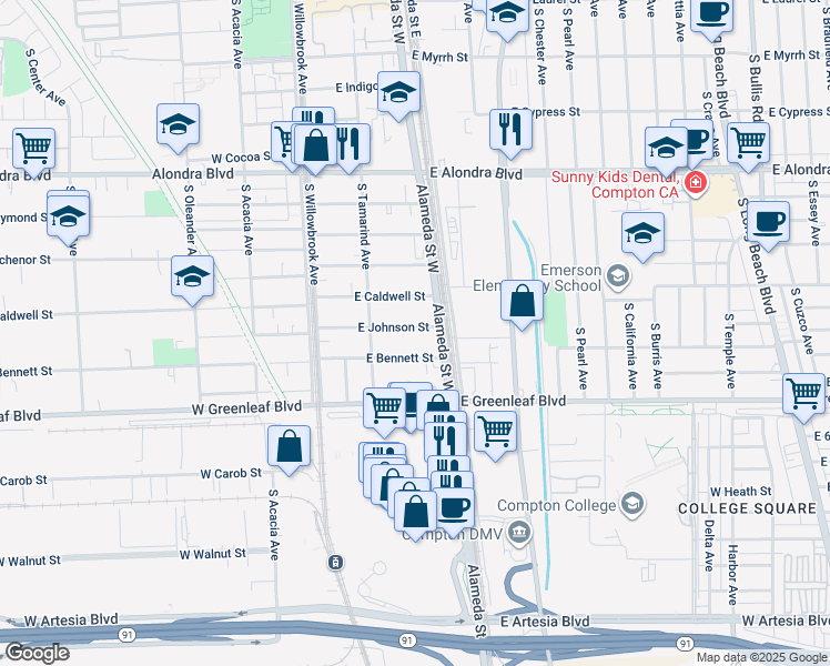 map of restaurants, bars, coffee shops, grocery stores, and more near 234 East Johnson Street in Compton