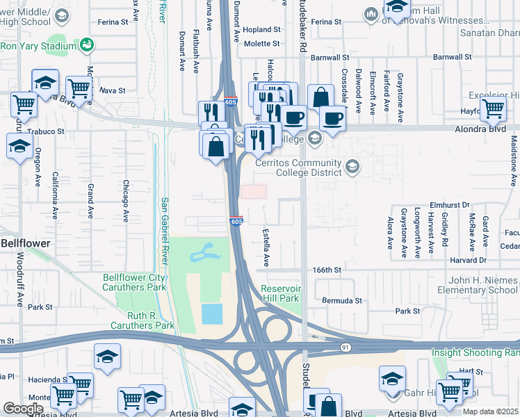 map of restaurants, bars, coffee shops, grocery stores, and more near 16219 Estella Avenue in Cerritos