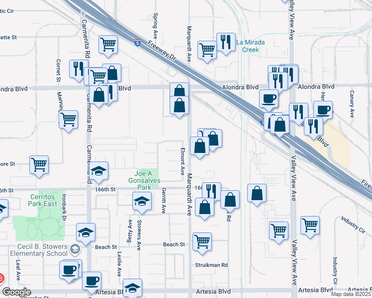 map of restaurants, bars, coffee shops, grocery stores, and more near 16330 Elmont Avenue in Cerritos
