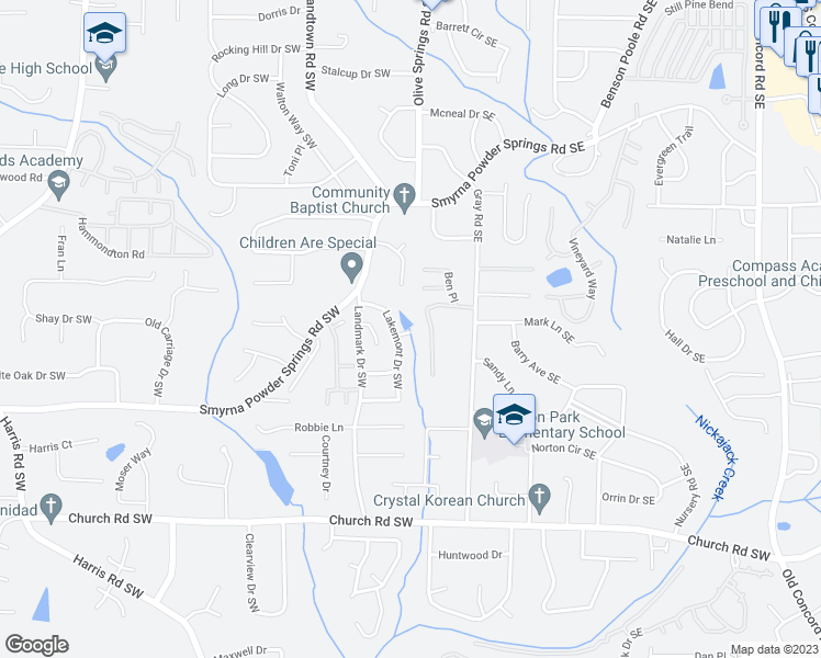 map of restaurants, bars, coffee shops, grocery stores, and more near 8 Christie Court Southwest in Marietta