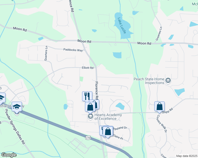 map of restaurants, bars, coffee shops, grocery stores, and more near 5176 Ray Court in Powder Springs