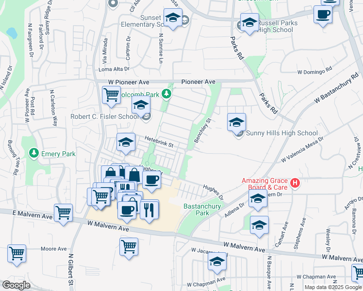 map of restaurants, bars, coffee shops, grocery stores, and more near 2011 Hetebrink Street in Fullerton