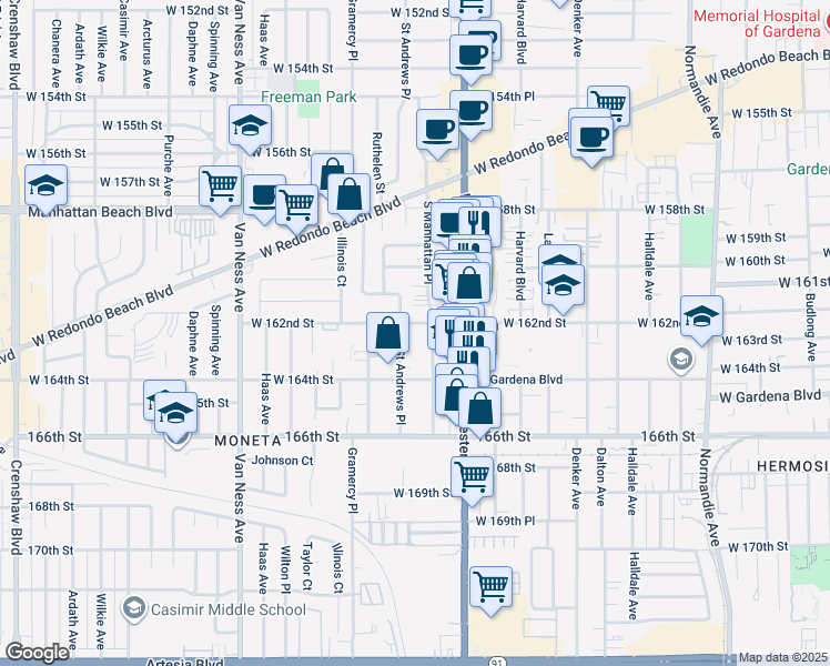 map of restaurants, bars, coffee shops, grocery stores, and more near 1856 West 162nd Street in Gardena