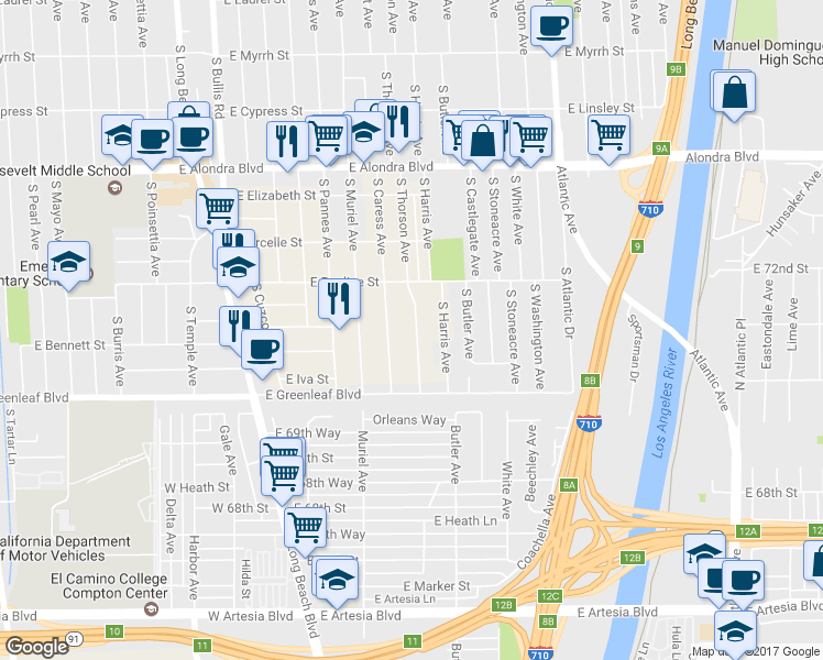 map of restaurants, bars, coffee shops, grocery stores, and more near 16523 South Thorson Avenue in Compton
