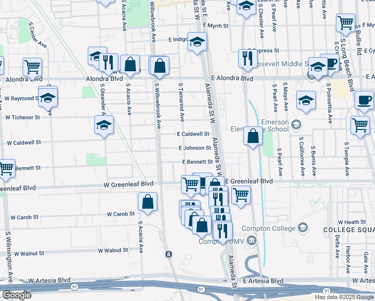 map of restaurants, bars, coffee shops, grocery stores, and more near 1400 South Tamarind Avenue in Compton