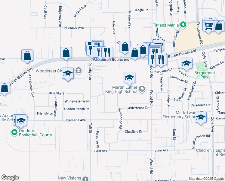 map of restaurants, bars, coffee shops, grocery stores, and more near 18664 Hawksbury Drive in Riverside