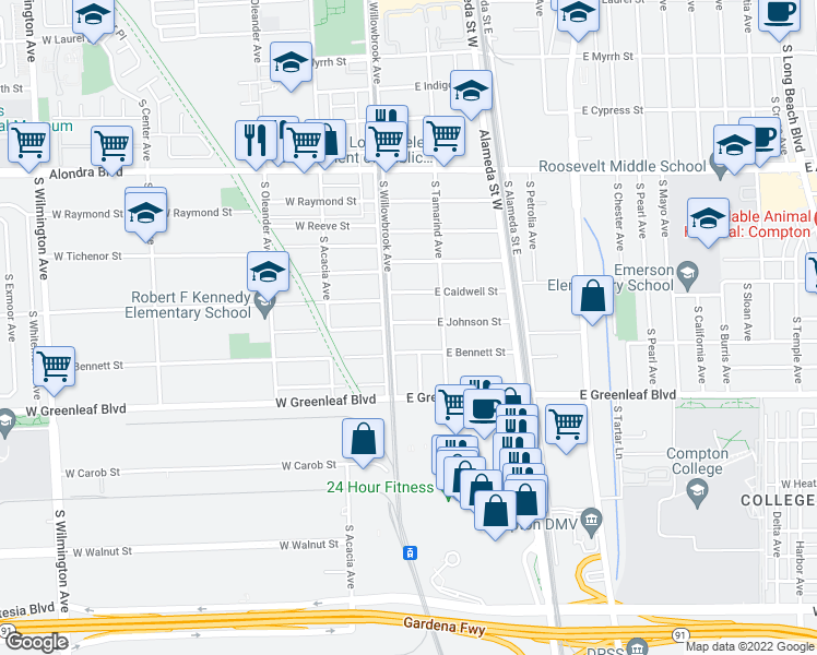 map of restaurants, bars, coffee shops, grocery stores, and more near 114 East Johnson Street in Compton