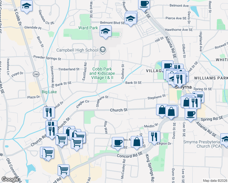 map of restaurants, bars, coffee shops, grocery stores, and more near 1102 Madison Lane South East in Smyrna