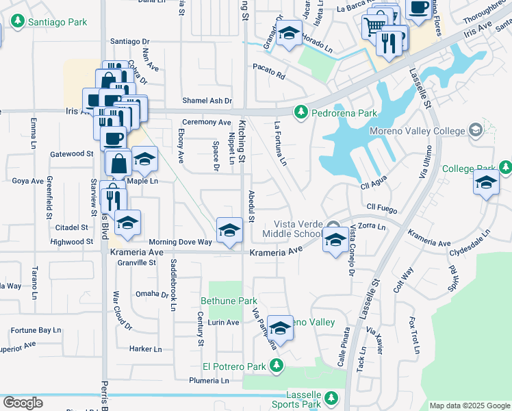 map of restaurants, bars, coffee shops, grocery stores, and more near 16326 Abedul Street in Moreno Valley