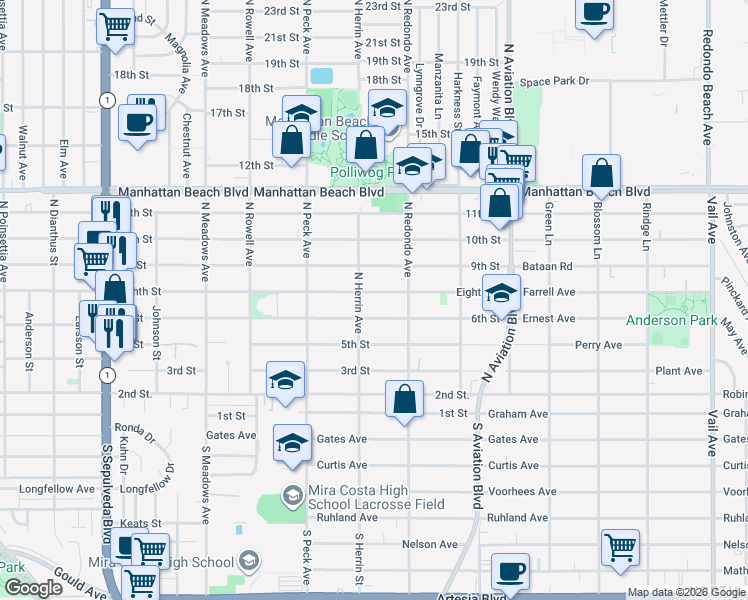 map of restaurants, bars, coffee shops, grocery stores, and more near 1618 Eighth Street in Manhattan Beach