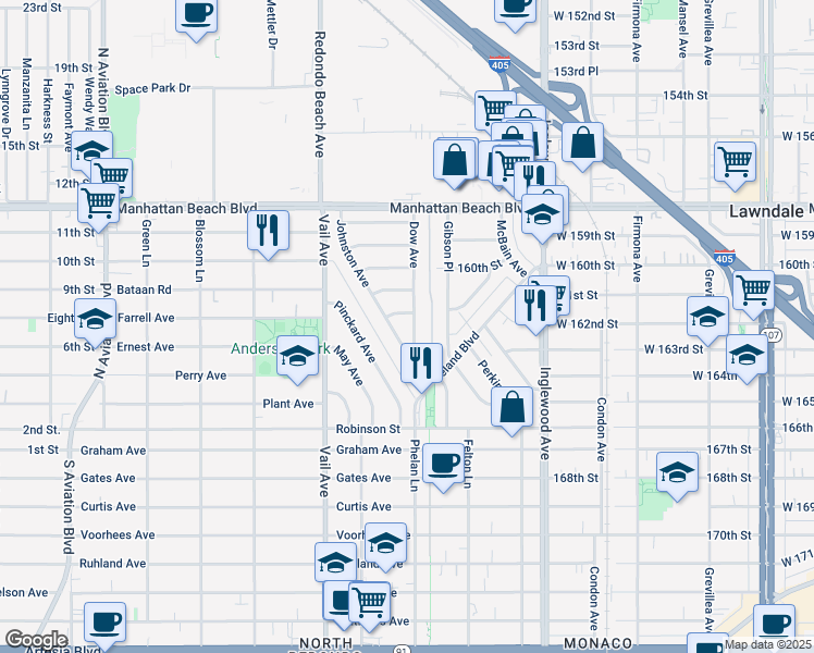 map of restaurants, bars, coffee shops, grocery stores, and more near 3011 Dow Avenue in Redondo Beach