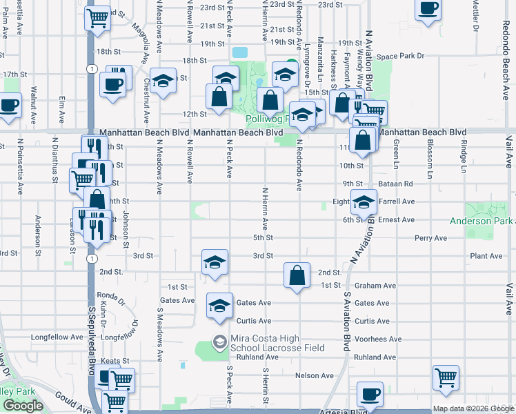 map of restaurants, bars, coffee shops, grocery stores, and more near 1540 Eighth Street in Manhattan Beach