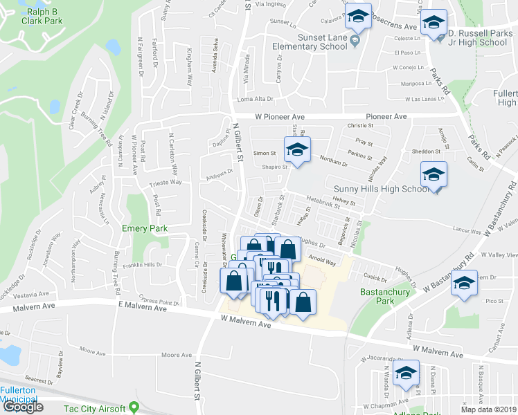 map of restaurants, bars, coffee shops, grocery stores, and more near 1232 Olson Drive in Fullerton