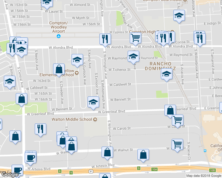 map of restaurants, bars, coffee shops, grocery stores, and more near 728 West Caldwell Street in Compton