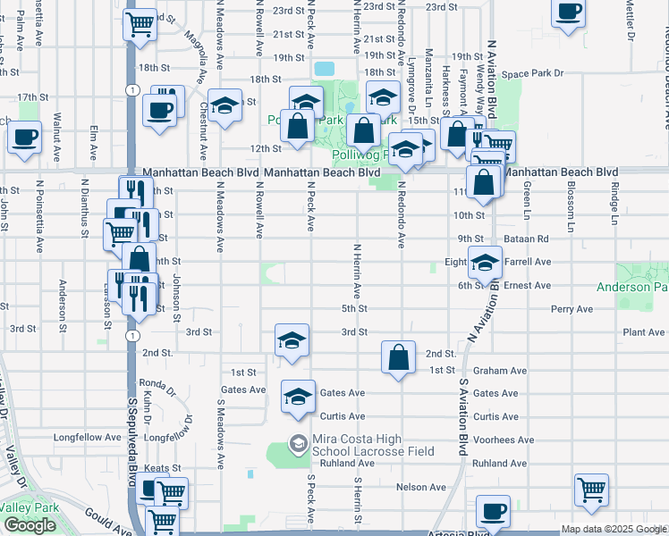 map of restaurants, bars, coffee shops, grocery stores, and more near 1530 Eighth Street in Manhattan Beach