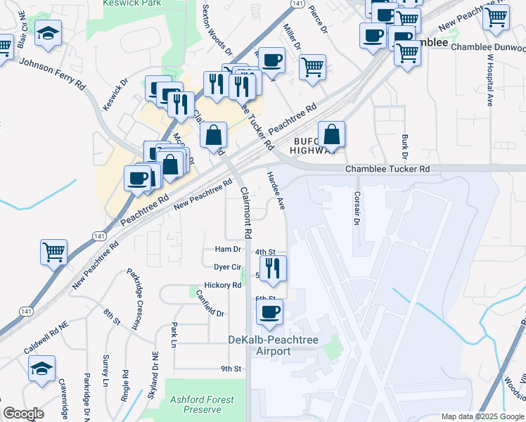 map of restaurants, bars, coffee shops, grocery stores, and more near 1972 Wingate Road in Chamblee