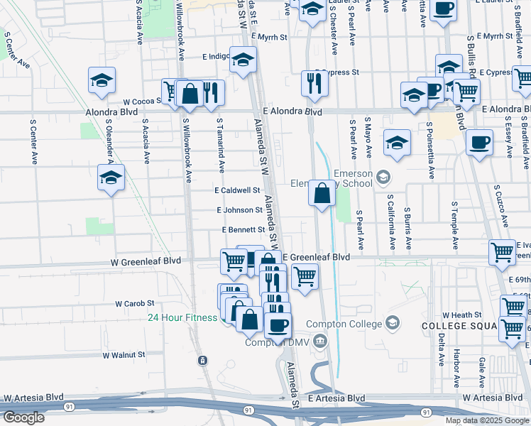 map of restaurants, bars, coffee shops, grocery stores, and more near 1324 Alameda Street East in Compton