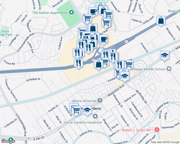 map of restaurants, bars, coffee shops, grocery stores, and more near 2185 Sampson Avenue in Corona