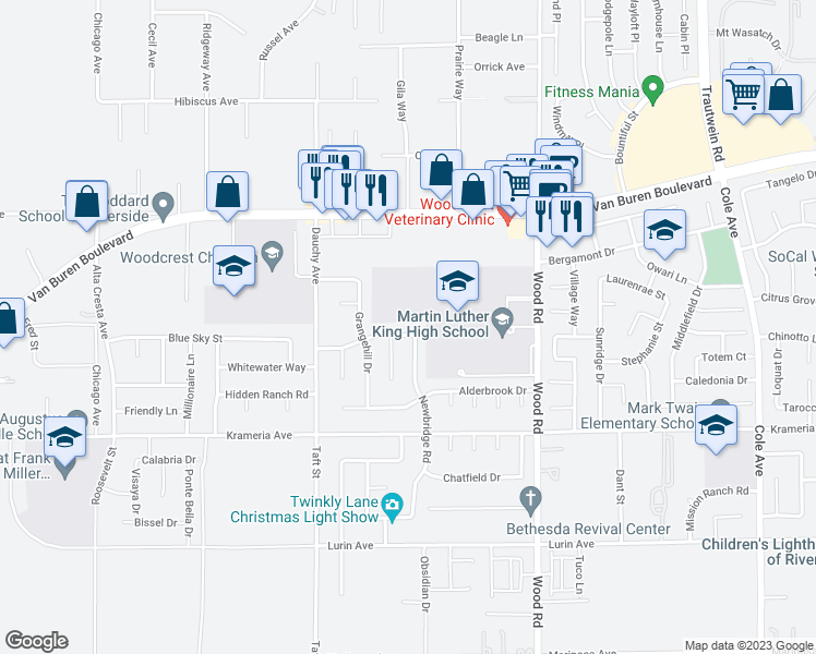 map of restaurants, bars, coffee shops, grocery stores, and more near 18696 Hawksbury Drive in Riverside