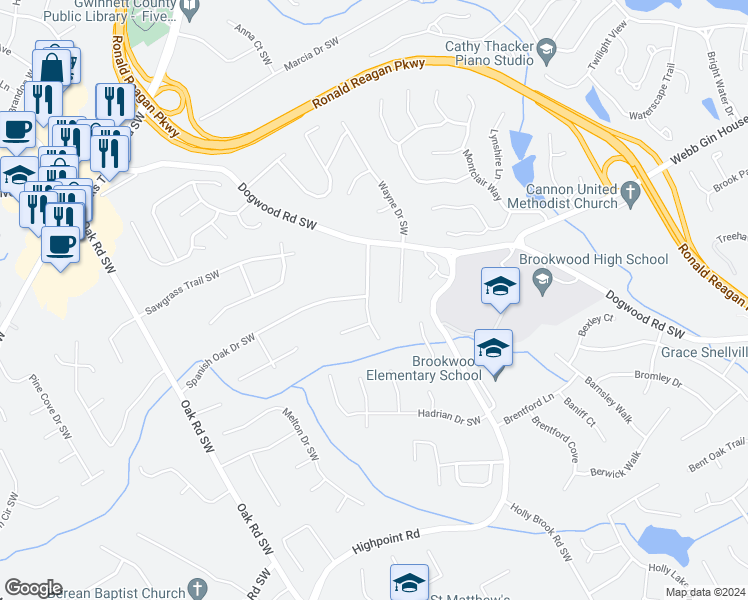 map of restaurants, bars, coffee shops, grocery stores, and more near 1152 Holly Hills Drive Southwest in Lilburn