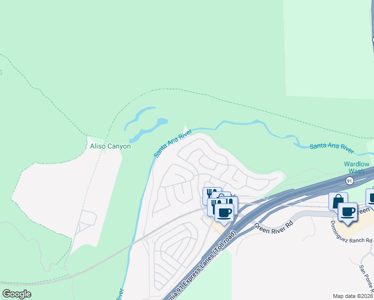 map of restaurants, bars, coffee shops, grocery stores, and more near 4857 Golden Ridge Drive in Corona