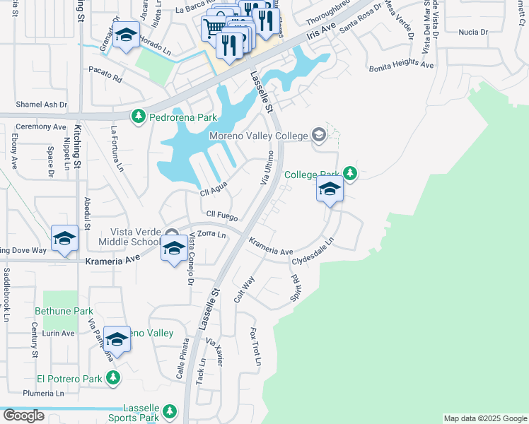 map of restaurants, bars, coffee shops, grocery stores, and more near 16290 Vía Ultimo in Moreno Valley