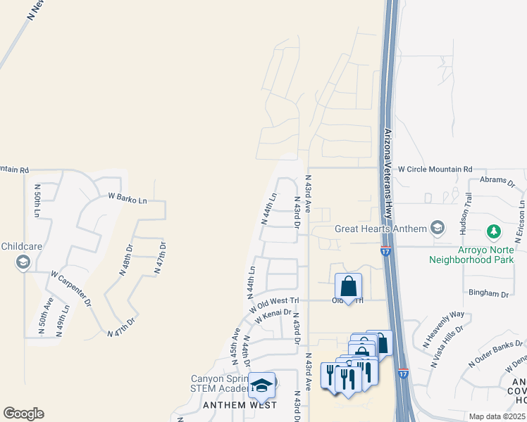 map of restaurants, bars, coffee shops, grocery stores, and more near 43912 North 44th Lane in Phoenix