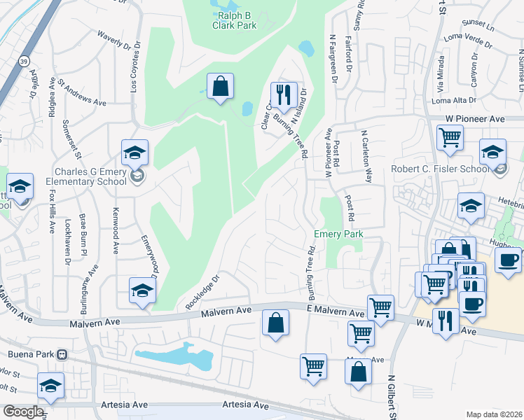 map of restaurants, bars, coffee shops, grocery stores, and more near 1211 Northampton Way in Fullerton
