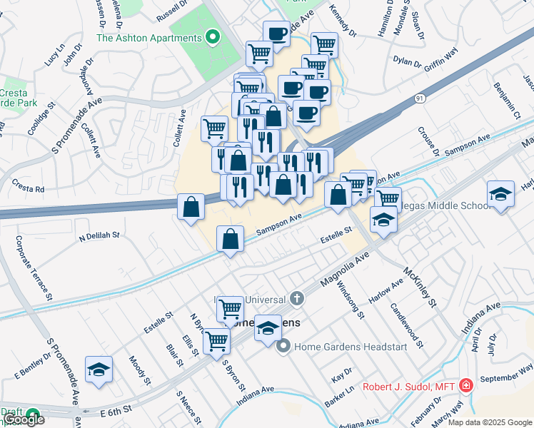 map of restaurants, bars, coffee shops, grocery stores, and more near 2185 Sampson Avenue in Corona