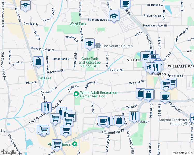 map of restaurants, bars, coffee shops, grocery stores, and more near 605 Madison Lane South East in Smyrna