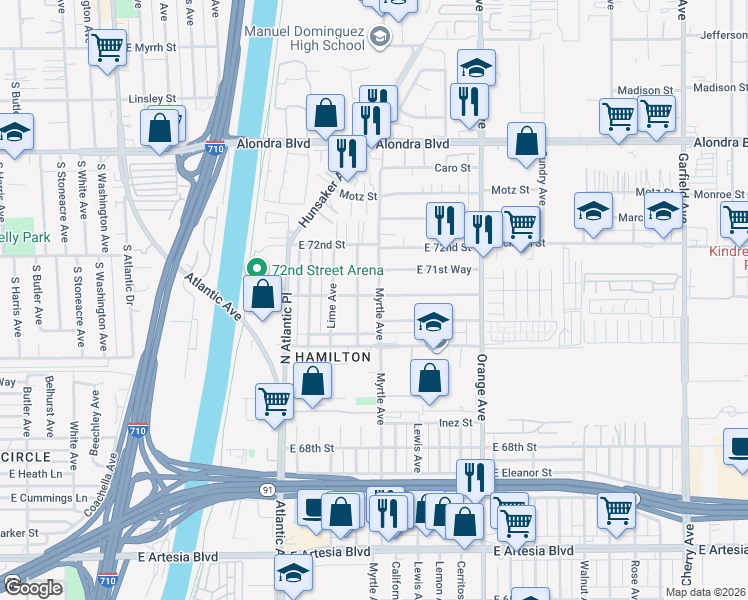 map of restaurants, bars, coffee shops, grocery stores, and more near 7091 Myrtle Avenue in Long Beach