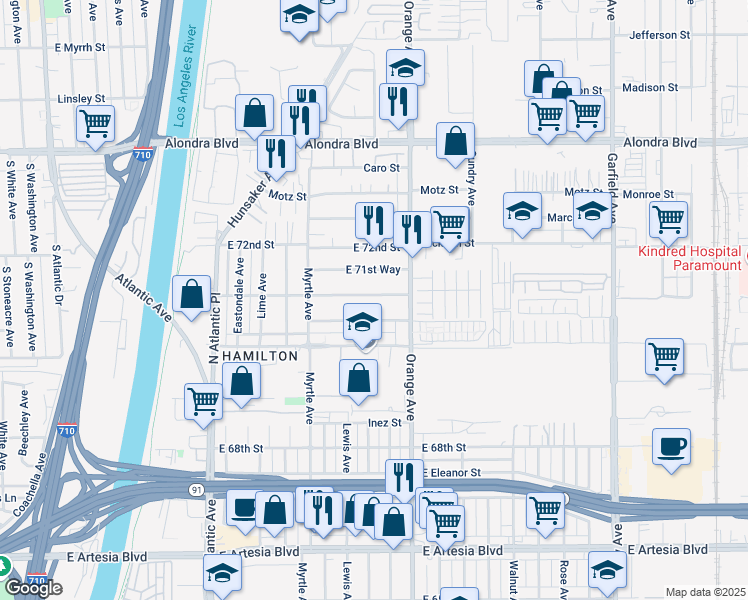 map of restaurants, bars, coffee shops, grocery stores, and more near 1112 East 71st Street in Long Beach