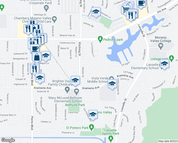 map of restaurants, bars, coffee shops, grocery stores, and more near 25586 Calabria Drive in Moreno Valley