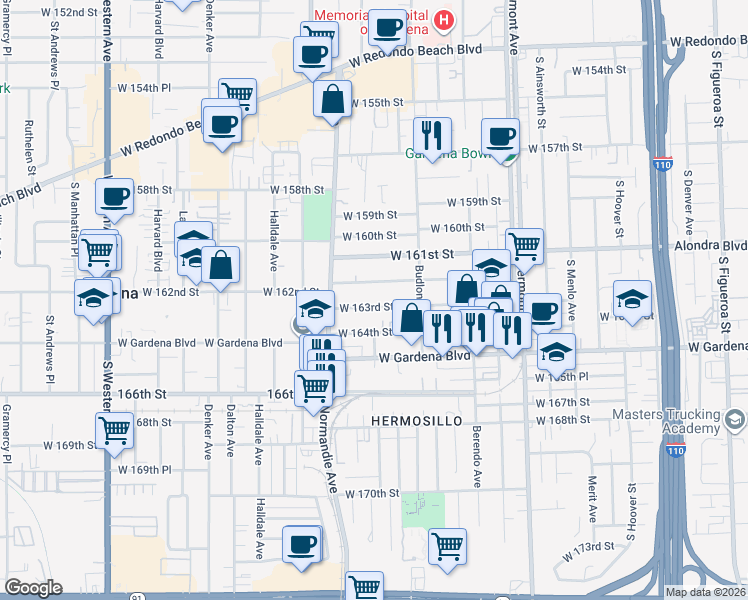 map of restaurants, bars, coffee shops, grocery stores, and more near 1303 West 163rd Street in Gardena