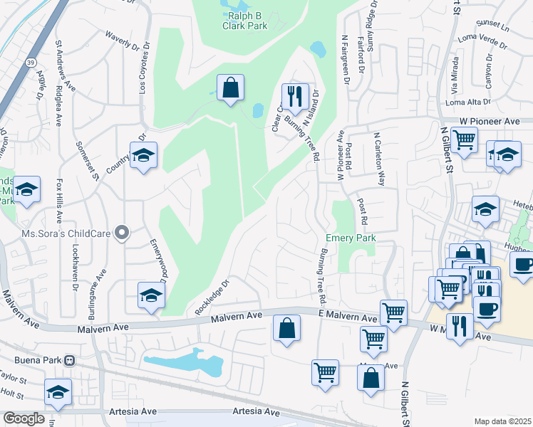 map of restaurants, bars, coffee shops, grocery stores, and more near 5303 Rockledge Drive in Buena Park
