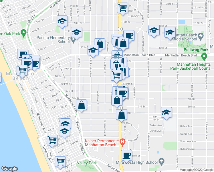 map of restaurants, bars, coffee shops, grocery stores, and more near 714 North Dianthus Street in Manhattan Beach