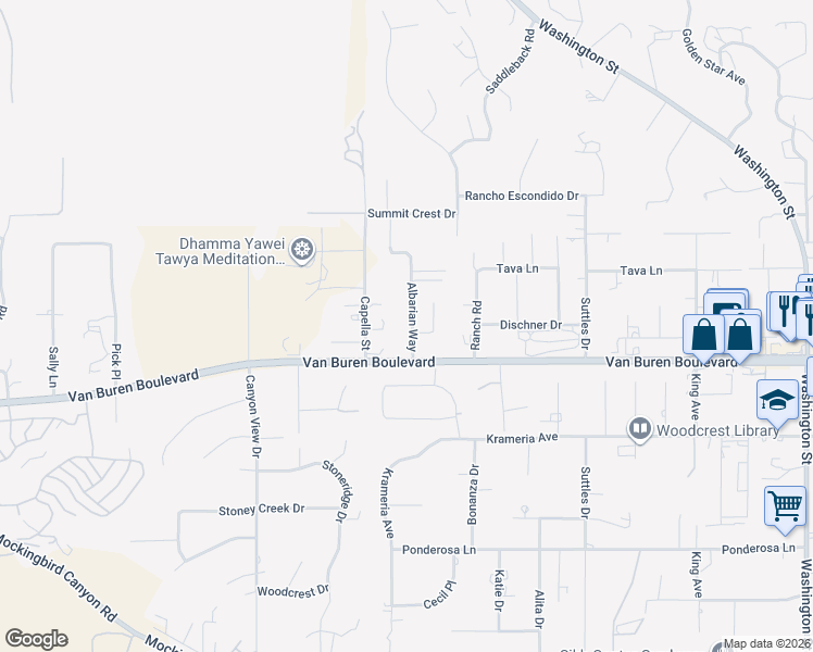 map of restaurants, bars, coffee shops, grocery stores, and more near 16123 Albarian Way in Riverside
