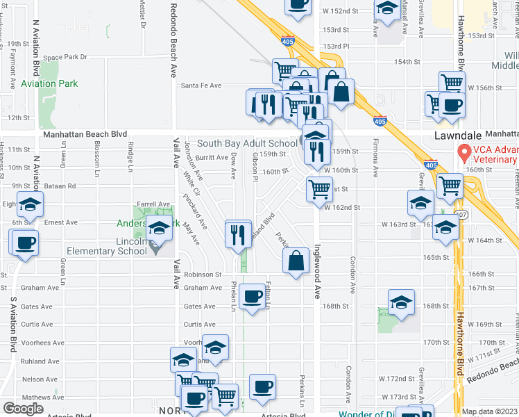 map of restaurants, bars, coffee shops, grocery stores, and more near 3206 Gibson Place in Redondo Beach