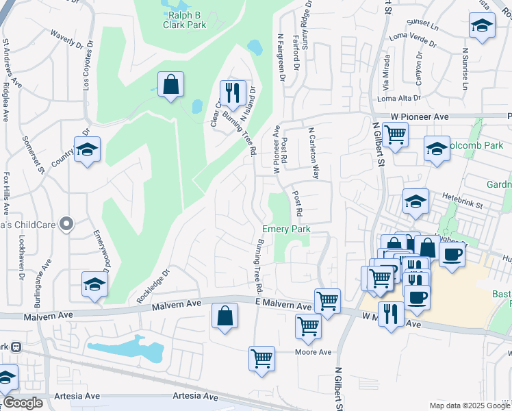 map of restaurants, bars, coffee shops, grocery stores, and more near 1245 Summersworth Place in Fullerton