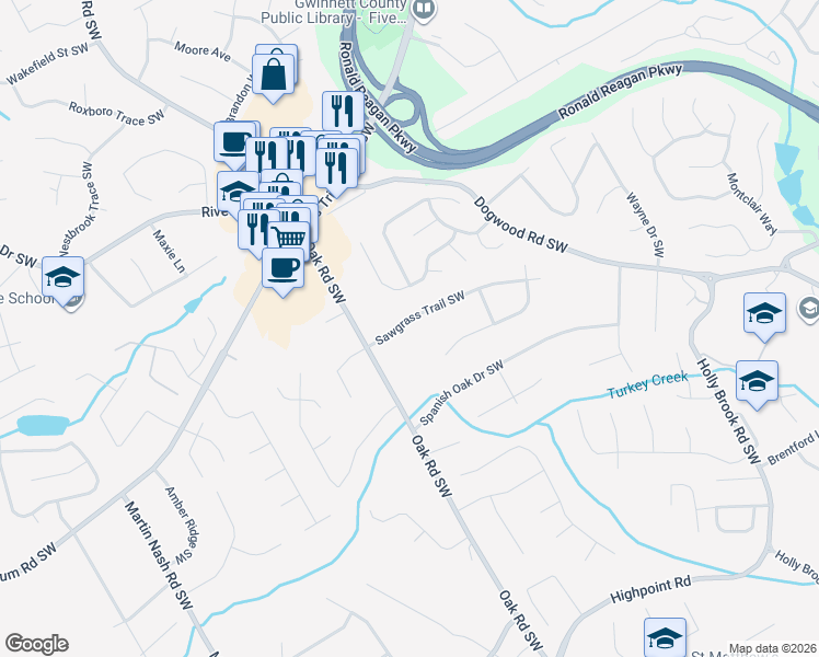 map of restaurants, bars, coffee shops, grocery stores, and more near 2954 Sawgrass Trail Southwest in Lilburn