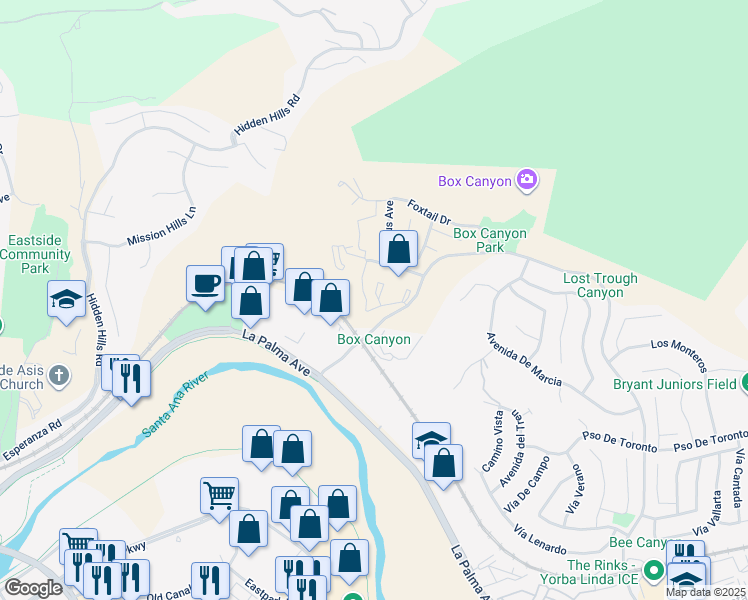 map of restaurants, bars, coffee shops, grocery stores, and more near 5320 Silver Canyon Road in Yorba Linda