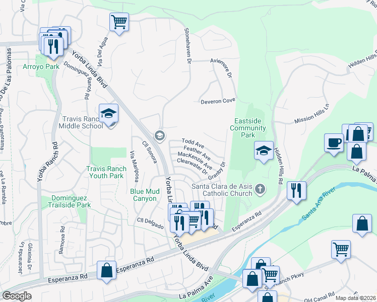 map of restaurants, bars, coffee shops, grocery stores, and more near in Yorba Linda