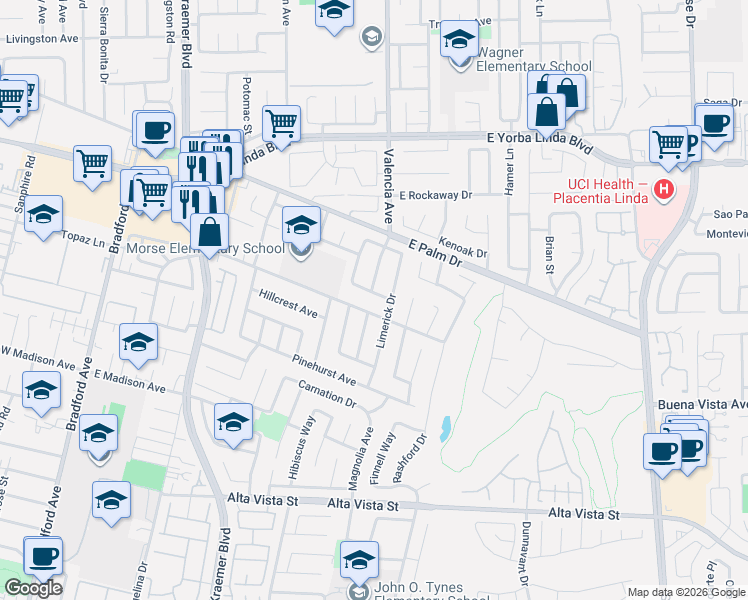 map of restaurants, bars, coffee shops, grocery stores, and more near 618 Tangier Avenue in Placentia