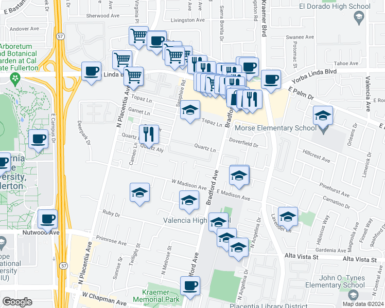 map of restaurants, bars, coffee shops, grocery stores, and more near 1047 Lawanda Place in Placentia