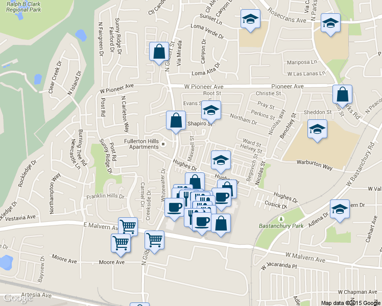 map of restaurants, bars, coffee shops, grocery stores, and more near 1249 Olson Drive in Fullerton