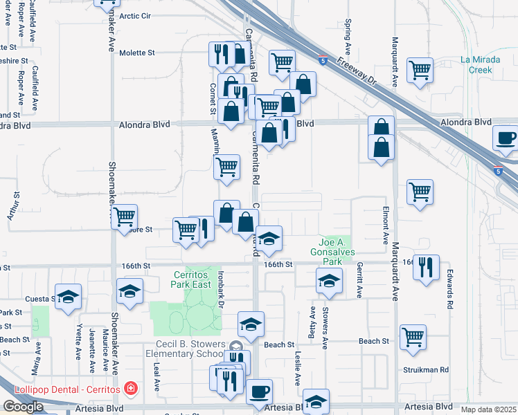 map of restaurants, bars, coffee shops, grocery stores, and more near 16341 Carmenita Road in Cerritos