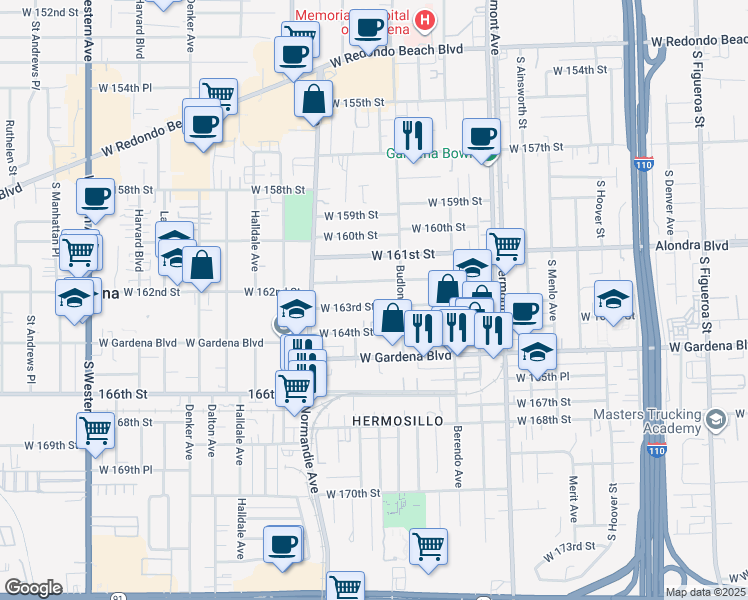 map of restaurants, bars, coffee shops, grocery stores, and more near 1247 West 163rd Street in Gardena